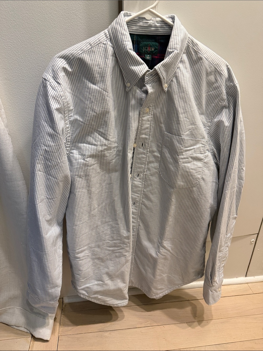 J. Crew Men's Light Blue and White Striped Button-Down Shirt